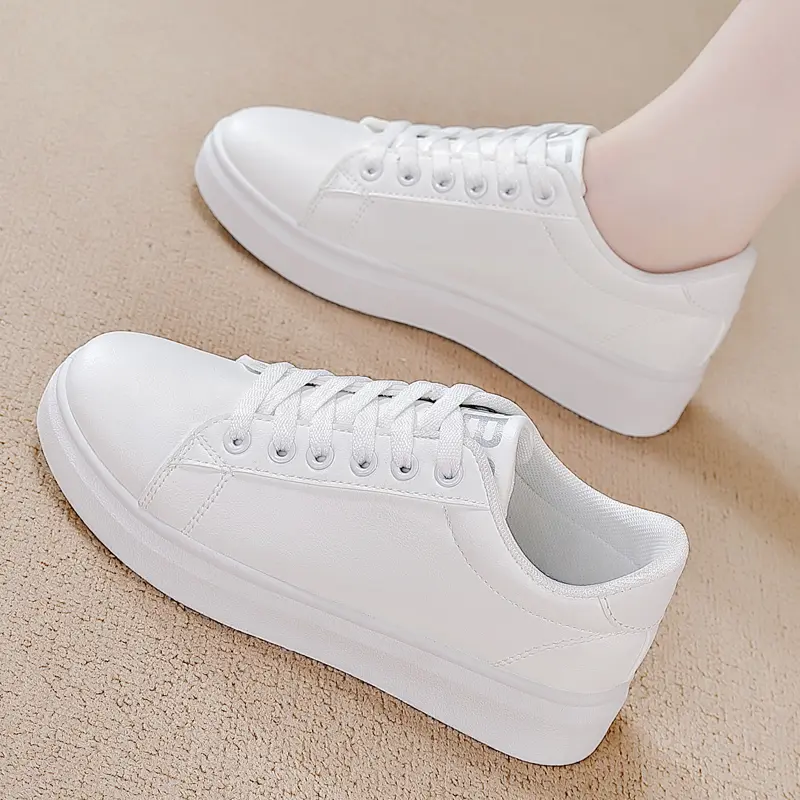White Women Shoes Comfortable Casual Skateboard Shoes Solid Leisure Sneakers Lightweight Walking Vulcanized Platform Lace Up Cas