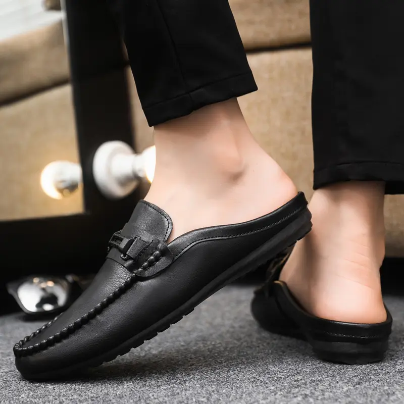 Leather Men Half Slippers Summer Breathable Mens Casual Shoes Slip on Lazy Driving Shoes Comfortable Walking Loafers Moccasins