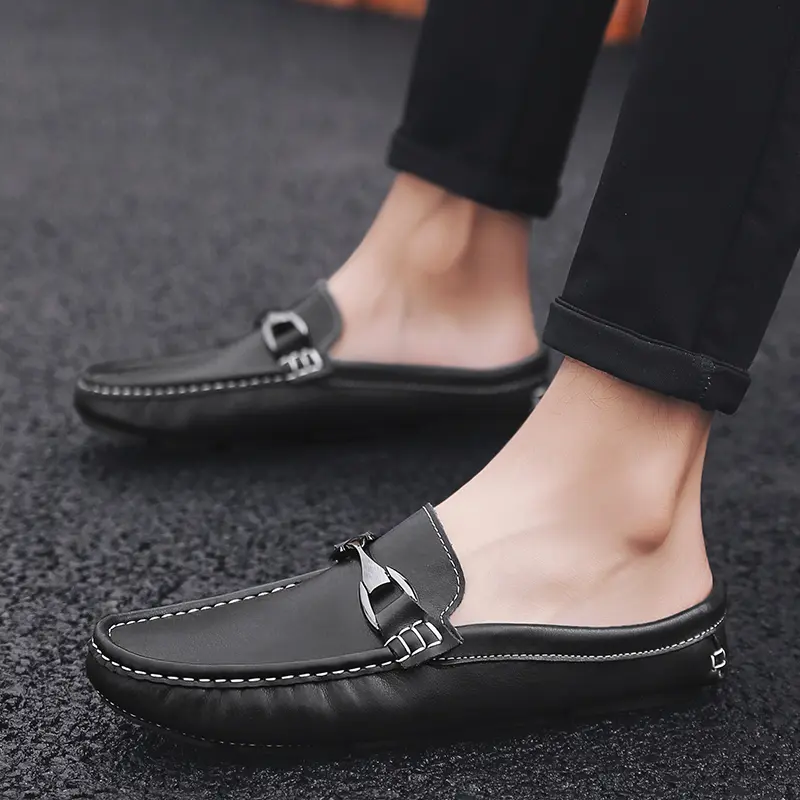 Leather Men Half Slippers Summer Breathable Mens Casual Shoes Slip-on Lazy Driving Shoes Comfortable Walking Loafers Moccasins