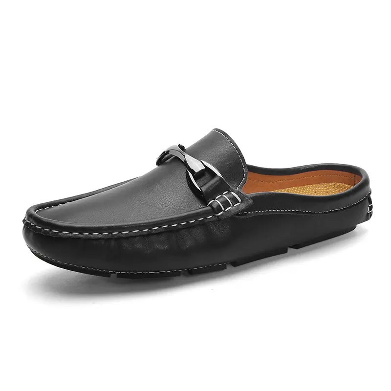 Leather Men Half Slippers Summer Breathable Mens Casual Shoes Slip-on Lazy Driving Shoes Comfortable Walking Loafers Moccasins