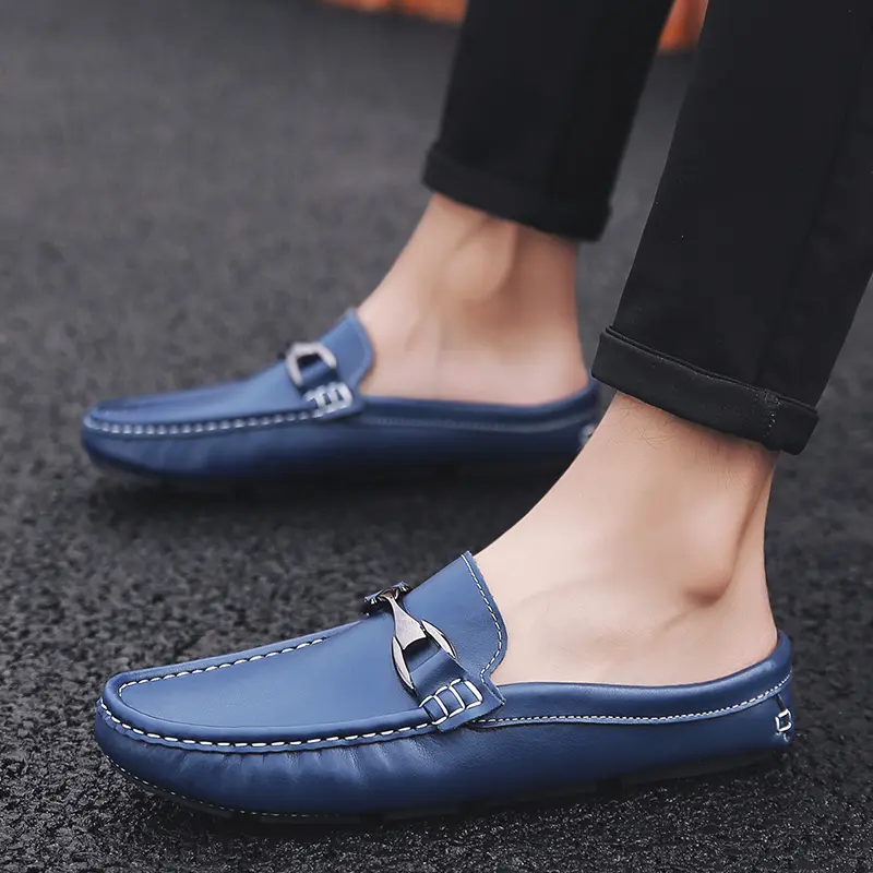 Leather Men Half Slippers Summer Breathable Mens Casual Shoes Slip-on Lazy Driving Shoes Comfortable Walking Loafers Moccasins