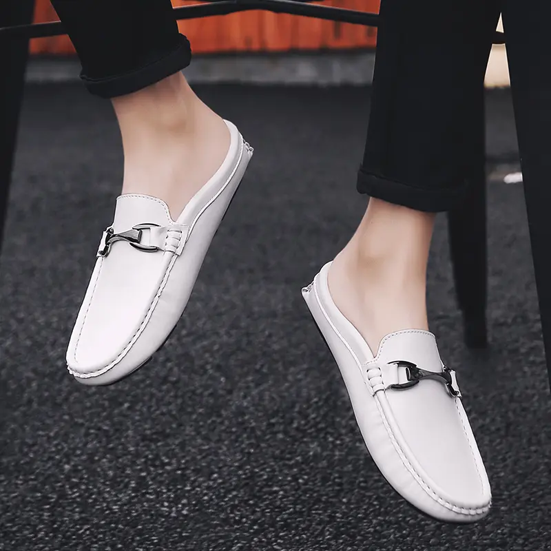 Leather Men Half Slippers Summer Breathable Mens Casual Shoes Slip-on Lazy Driving Shoes Comfortable Walking Loafers Moccasins