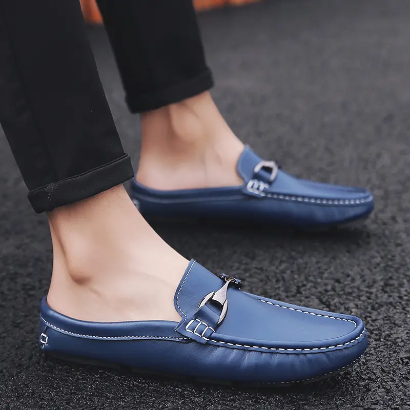 Leather Men Half Slippers Summer Breathable Mens Casual Shoes Slip-on Lazy Driving Shoes Comfortable Walking Loafers Moccasins