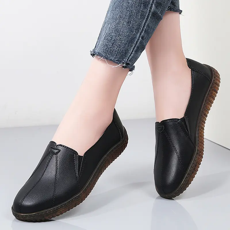 Soft Loafers Black Leather Shoes Anti-Slip Casual Women Comfort Work Flats Sneakers Zapatillas De Mujer Korean Style Ladies Flat