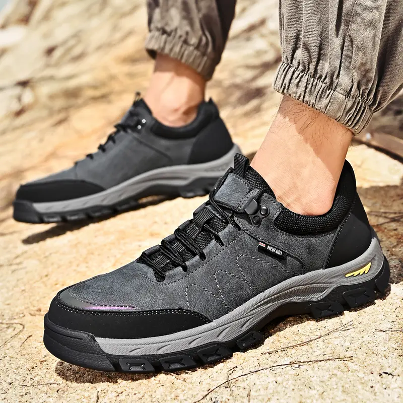 Gray Hiking Shoes for Men Genuine Leather Outdoor Mens Trekking Shoes Walking Male Sneakers Outdoor Work Man Boots Black