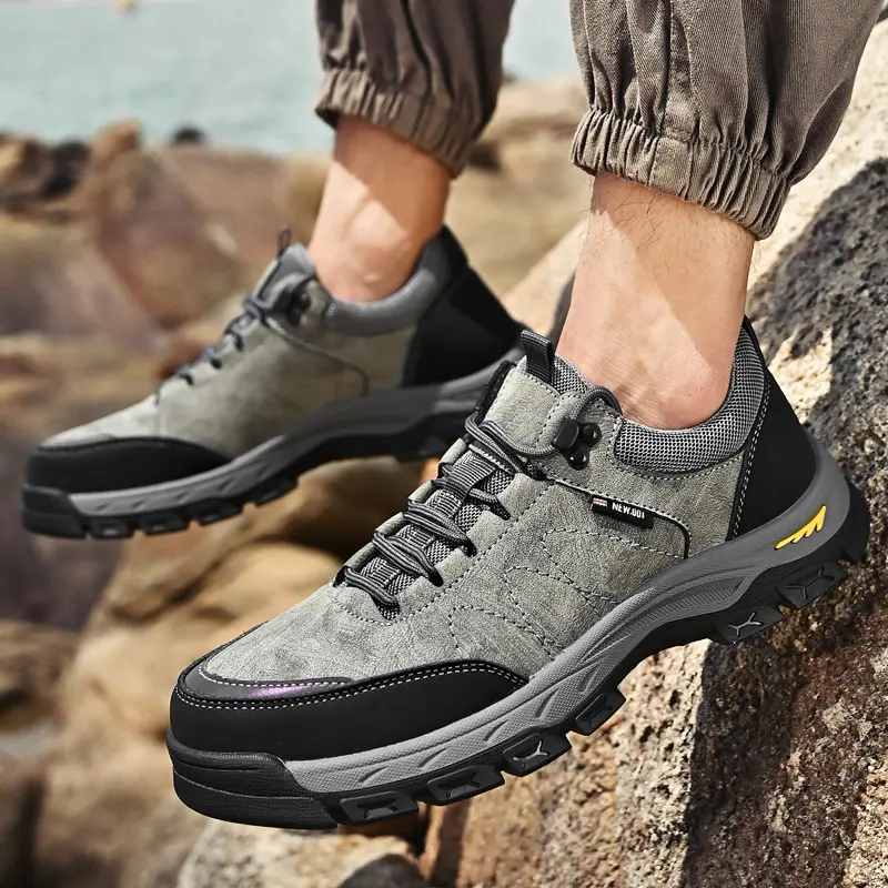 Gray Hiking Shoes for Men Genuine Leather Outdoor Mens Trekking Shoes Walking Male Sneakers Outdoor Work Man Boots Black