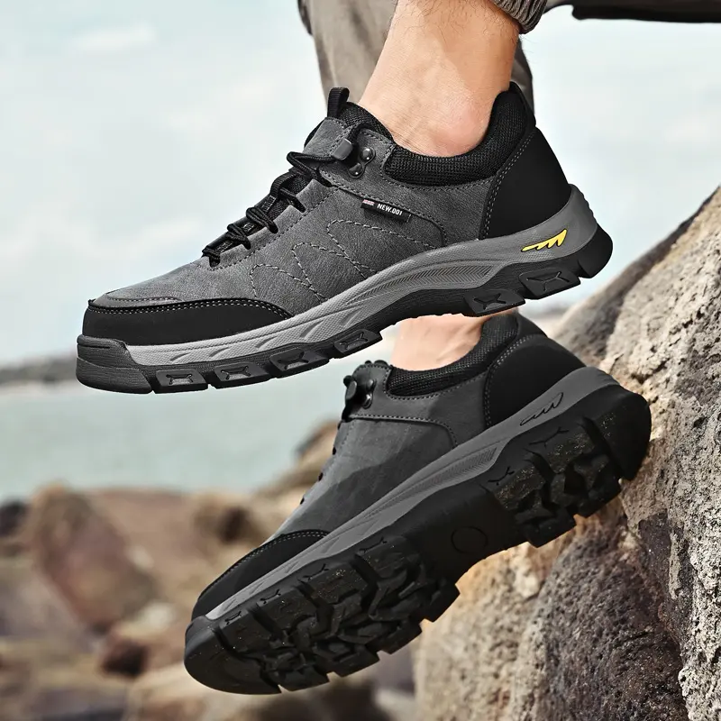 Gray Hiking Shoes for Men Genuine Leather Outdoor Mens Trekking Shoes Walking Male Sneakers Outdoor Work Man Boots Black