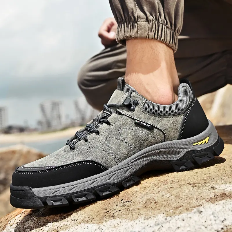 Gray Hiking Shoes for Men Genuine Leather Outdoor Mens Trekking Shoes Walking Male Sneakers Outdoor Work Man Boots Black