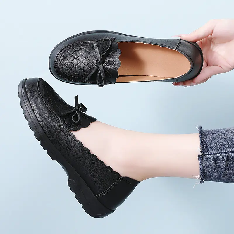 2025 Spring Autumn New Women's Single Shoes Loafers Wedges Soft Sole Comfortable Large Size Mother's Leather Mid-heel Pumps