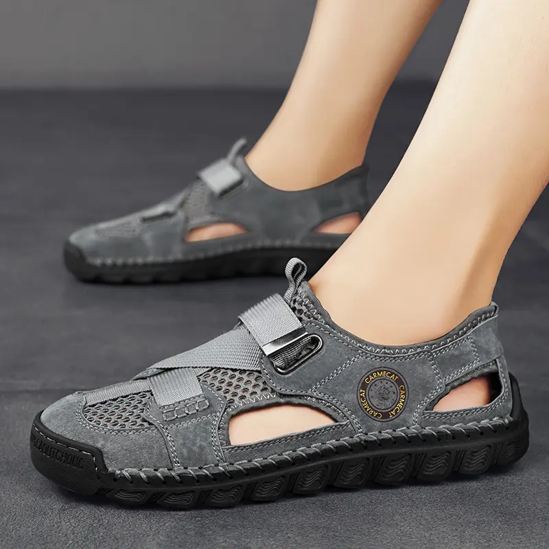 Sandals Men's Tide Summer New Style Leather Toe Cap Outdoor Leisure Sports Hollow Sandals Beach Shoes Handmade Mesh Men Shoes