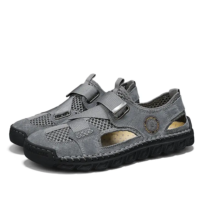 Sandals Men's Tide Summer New Style Leather Toe Cap Outdoor Leisure Sports Hollow Sandals Beach Shoes Handmade Mesh Men Shoes