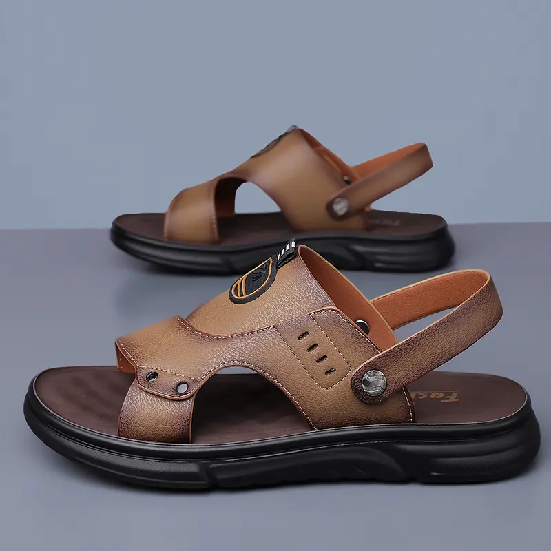 Sandals Men's New Beach Shoes Cowhide Slippers Outdoor Non-slip Thick-soled Leather Sandals for Man Non-slip Cover Toe Fashion C
