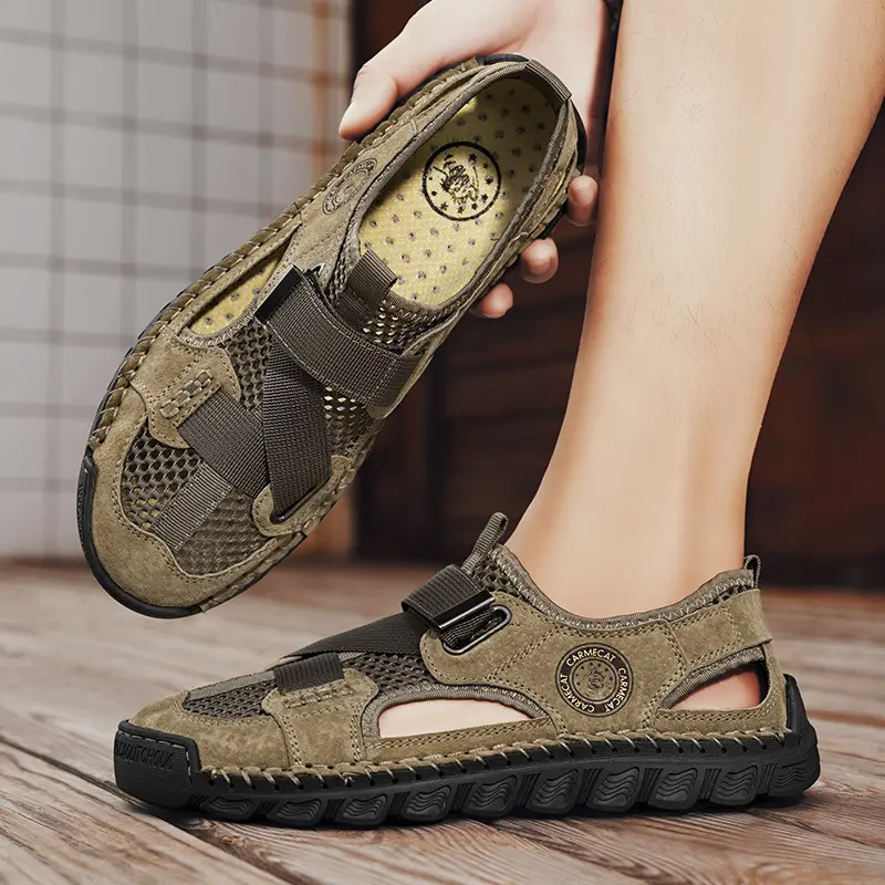 Sandals Men's Tide Summer New Style Leather Toe Cap Outdoor Leisure Sports Hollow Sandals Beach Shoes Handmade Mesh Men Shoes