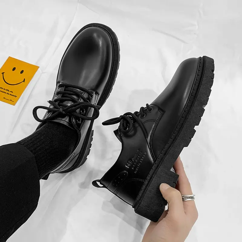 Mens Casual Shoes Business Leather Men Luxury British Style Loafers Thick Sole Flats British Casual Lace Up Single Leather Shoes