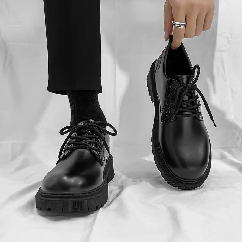 Mens Casual Shoes Business Leather Men Luxury British Style Loafers Thick Sole Flats British Casual Lace Up Single Leather Shoes