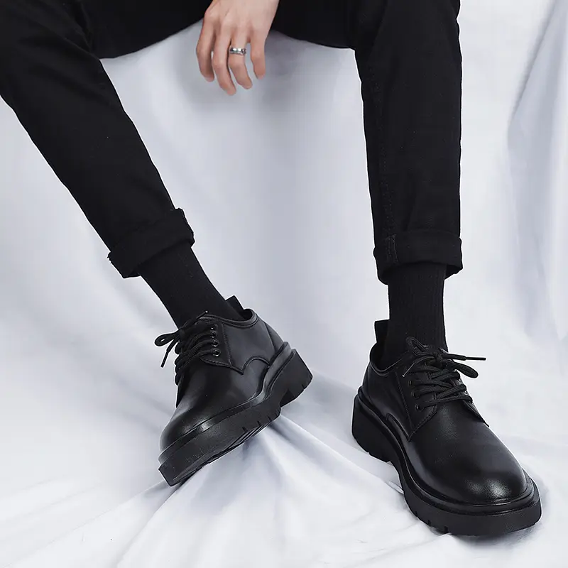 Mens Casual Shoes Business Leather Men Luxury British Style Loafers Thick Sole Flats British Casual Lace Up Single Leather Shoes