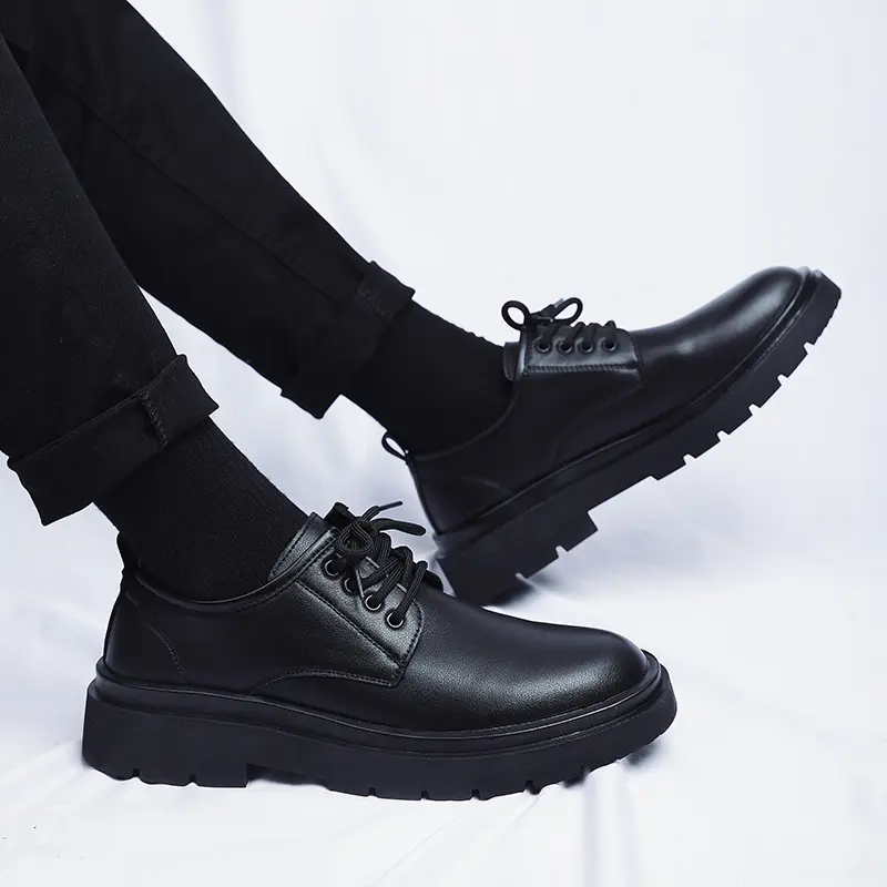 Mens Casual Shoes Business Leather Men Luxury British Style Loafers Thick Sole Flats British Casual Lace Up Single Leather Shoes