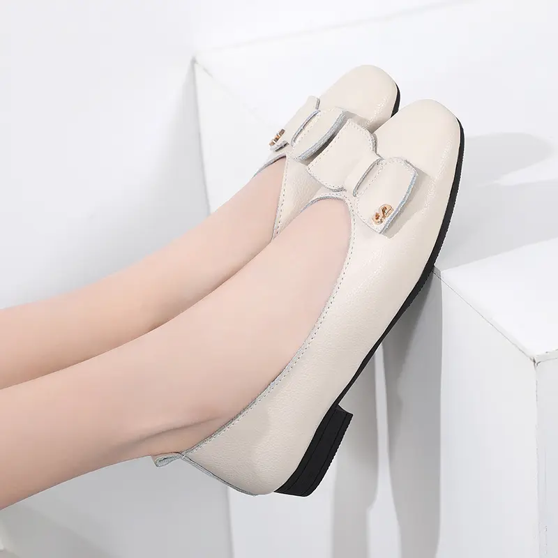 New Women's Shoes Shallow Mouth Leather Single Shoes Square Head Set Feet Grandma Shoes Bow Korean Casual Mother Shoes