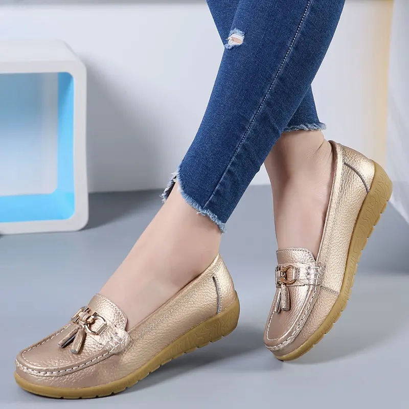 Genuine Leather Women Flats Fashion Casual Women Shoe Moccasins Shoes Woman Slip On Flat Shoes Black Ladies Shoes Plus Size