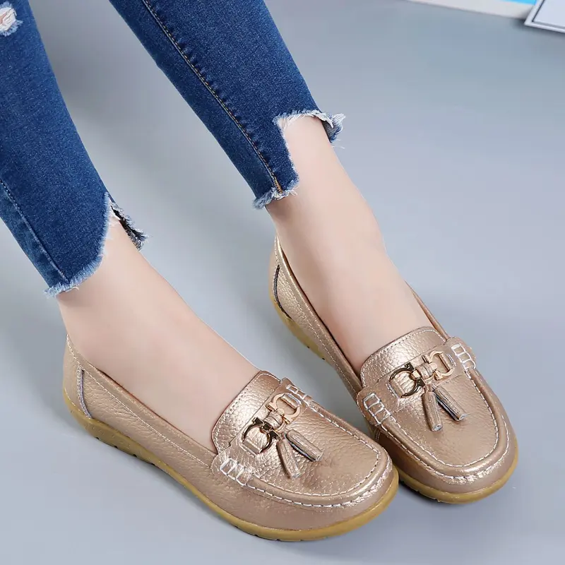 Genuine Leather Women Flats Fashion Casual Women Shoe Moccasins Shoes Woman Slip On Flat Shoes Black Ladies Shoes Plus Size