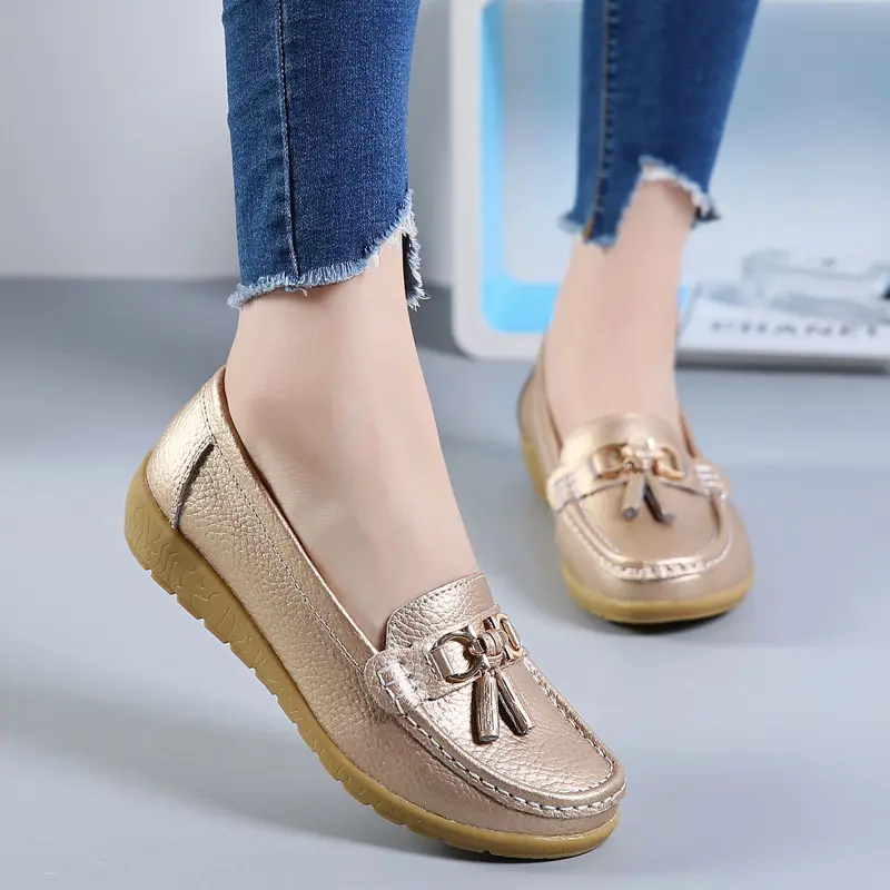 Genuine Leather Women Flats Fashion Casual Women Shoe Moccasins Shoes Woman Slip On Flat Shoes Black Ladies Shoes Plus Size