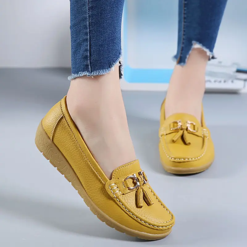 Genuine Leather Women Flats Fashion Casual Women Shoe Moccasins Shoes Woman Slip On Flat Shoes Black Ladies Shoes Plus Size