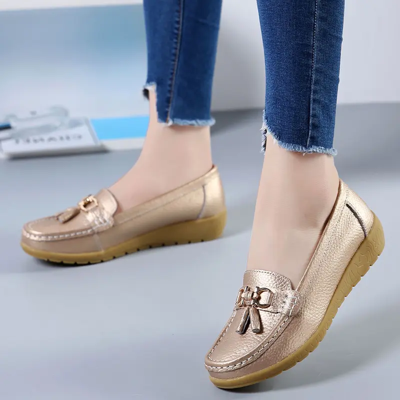 Genuine Leather Women Flats Fashion Casual Women Shoe Moccasins Shoes Woman Slip On Flat Shoes Black Ladies Shoes Plus Size