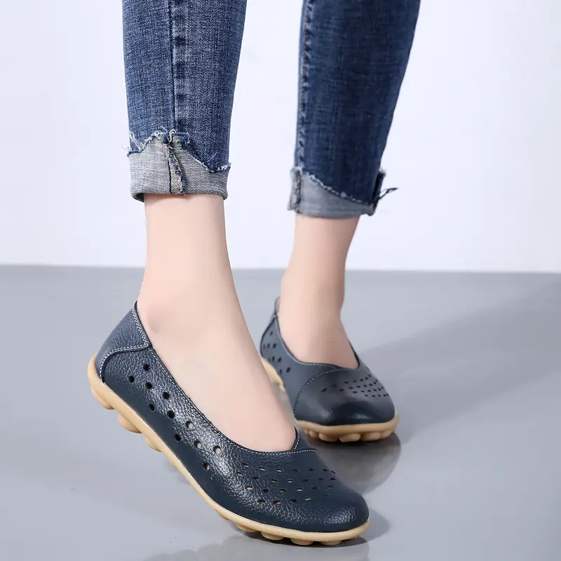 Leather Women Flats New Cut-Outs Summer Shoes Woman Hollow Women's Loafers Female Solid Shoe Large Size 35-44