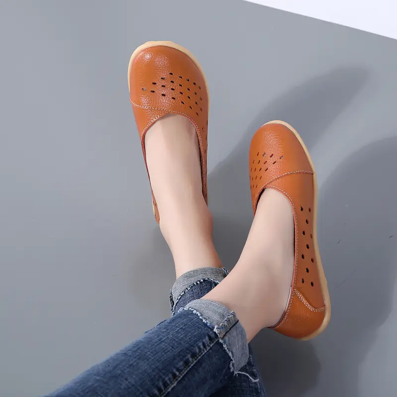 Leather Women Flats New Cut-Outs Summer Shoes Woman Hollow Women's Loafers Female Solid Shoe Large Size 35-44