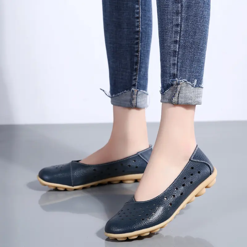 Leather Women Flats New Cut-Outs Summer Shoes Woman Hollow Women's Loafers Female Solid Shoe Large Size 35-44