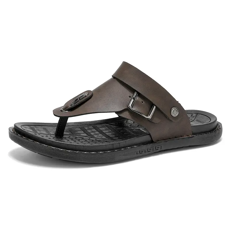 2025 New Men's Genuine Leather Outer Wear Summer Casual Slippers Beach Shoes Anti-Slip Clip-On Slippers Soft Bottom Durable