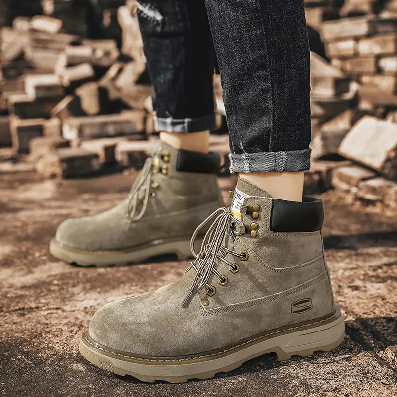 Autumn Winter Velvet Platform Boots for Men Designer Soft-soled Cow Suede Work Shoes Man Fashion Non-slip Yellow Ankle Boot Male