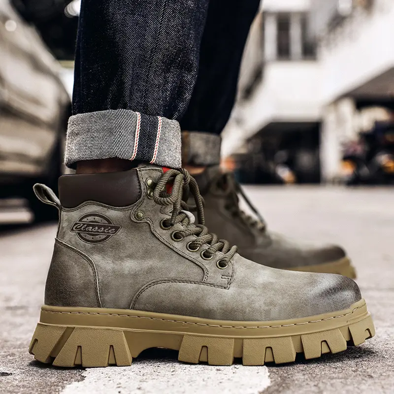 Genuine Leather Male High Quality Men's Low Top Boots Leather for Men Motorcycle Boot Lace-Up Work Outdoor Short Ankle Boots