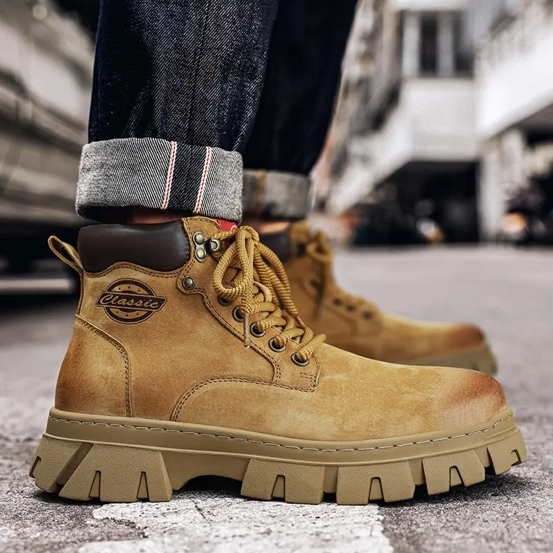 Genuine Leather Male High Quality Men's Low Top Boots Leather for Men Motorcycle Boot Lace-Up Work Outdoor Short Ankle Boots