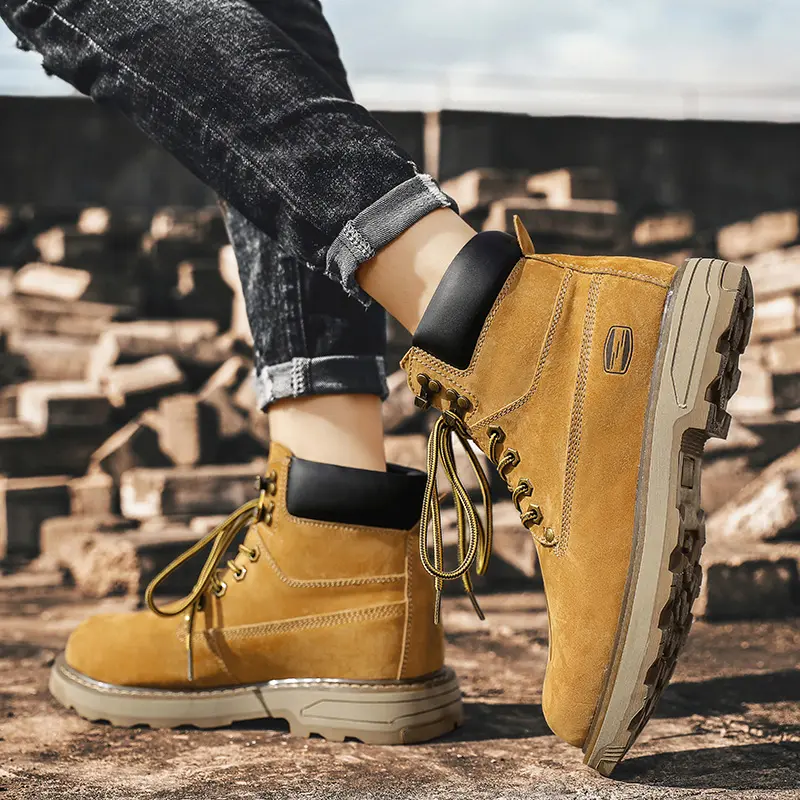 Autumn Winter Velvet Platform Boots for Men Designer Soft-soled Cow Suede Work Shoes Man Fashion Non-slip Yellow Ankle Boot Male