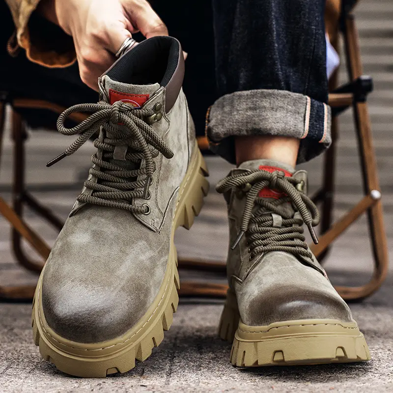 Genuine Leather Male High Quality Men's Low Top Boots Leather for Men Motorcycle Boot Lace-Up Work Outdoor Short Ankle Boots
