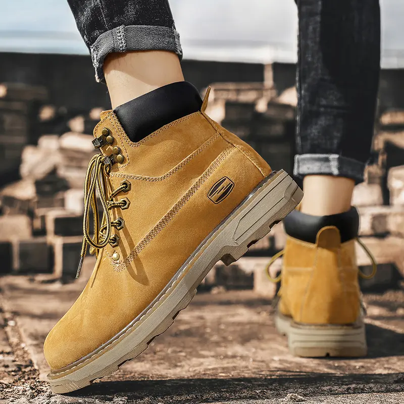 Autumn Winter Velvet Platform Boots for Men Designer Soft-soled Cow Suede Work Shoes Man Fashion Non-slip Yellow Ankle Boot Male