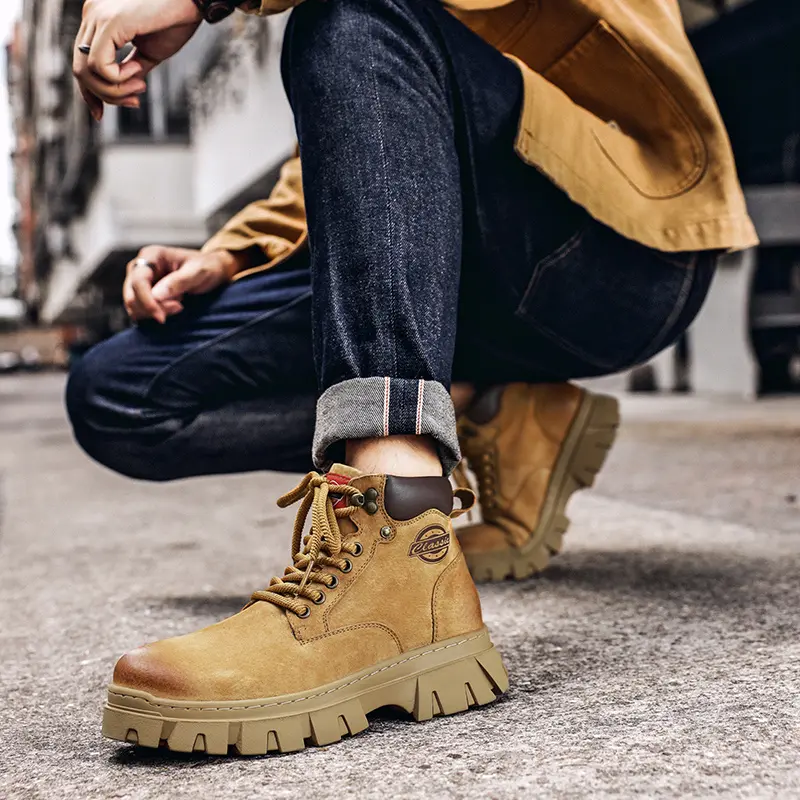 Genuine Leather Male High Quality Men's Low Top Boots Leather for Men Motorcycle Boot Lace-Up Work Outdoor Short Ankle Boots