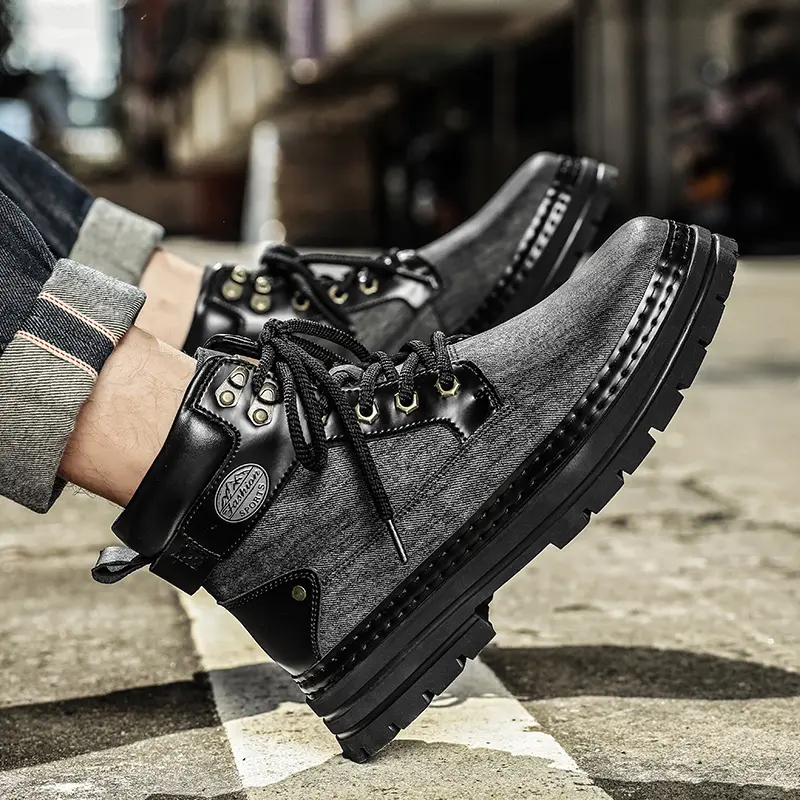 Men's Plush Snow Boots Fashion Motocross Ankle Boots for Men Winter Boots Lace-Up Botas Men's Leather High Top Outdoor Shoes