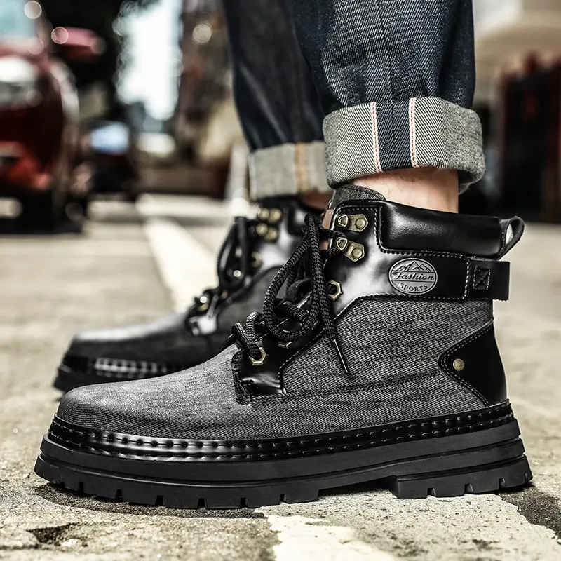 Men's Plush Snow Boots Fashion Motocross Ankle Boots for Men Winter Boots Lace-Up Botas Men's Leather High Top Outdoor Shoes