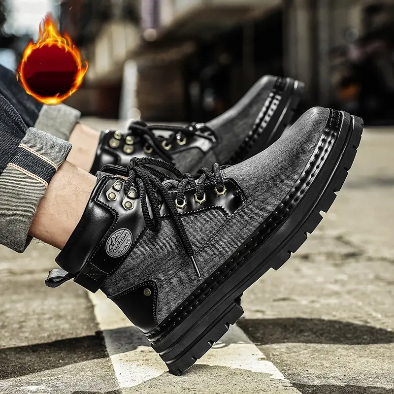 Men's Plush Snow Boots Fashion Motocross Ankle Boots for Men Winter Boots Lace-Up Botas Men's Leather High Top Outdoor Shoes