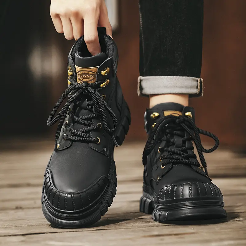 Genuine Leather Boots Men's Winter New Outdoor Workwear British Style Shoes Casual High-Top Motorcycle Boots Men's Fall Winter