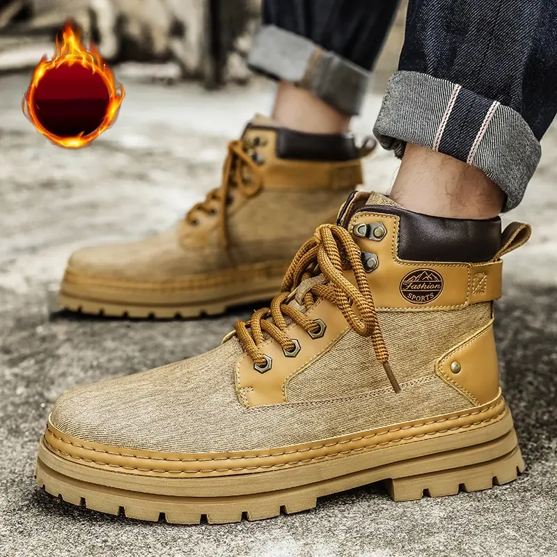 Men's Plush Snow Boots Fashion Motocross Ankle Boots for Men Winter Boots Lace-Up Botas Men's Leather High Top Outdoor Shoes