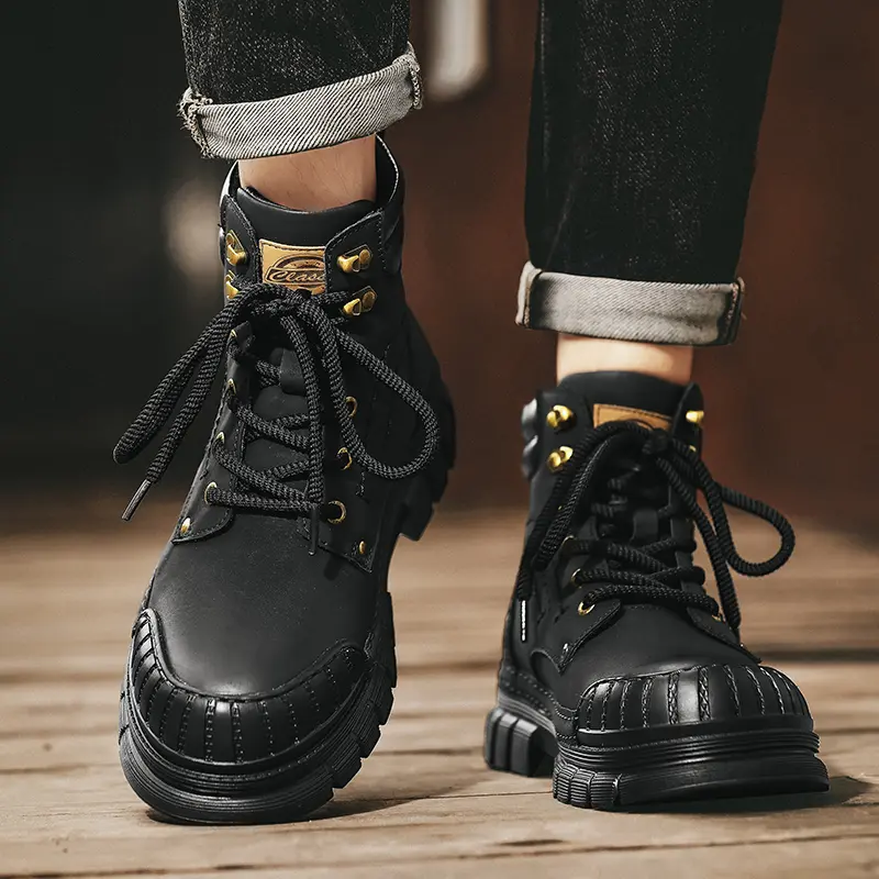 Genuine Leather Boots Men's Winter New Outdoor Workwear British Style Shoes Casual High-Top Motorcycle Boots Men's Fall Winter