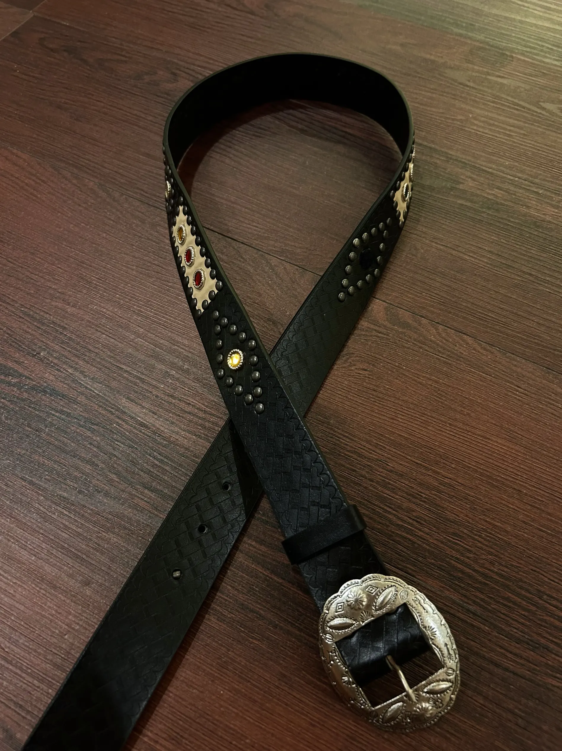 Vintage Western Carved Gemstone Patched Leather Belt Metal Simple ex Mid-century Waist Belt Faionable All-Match Sle