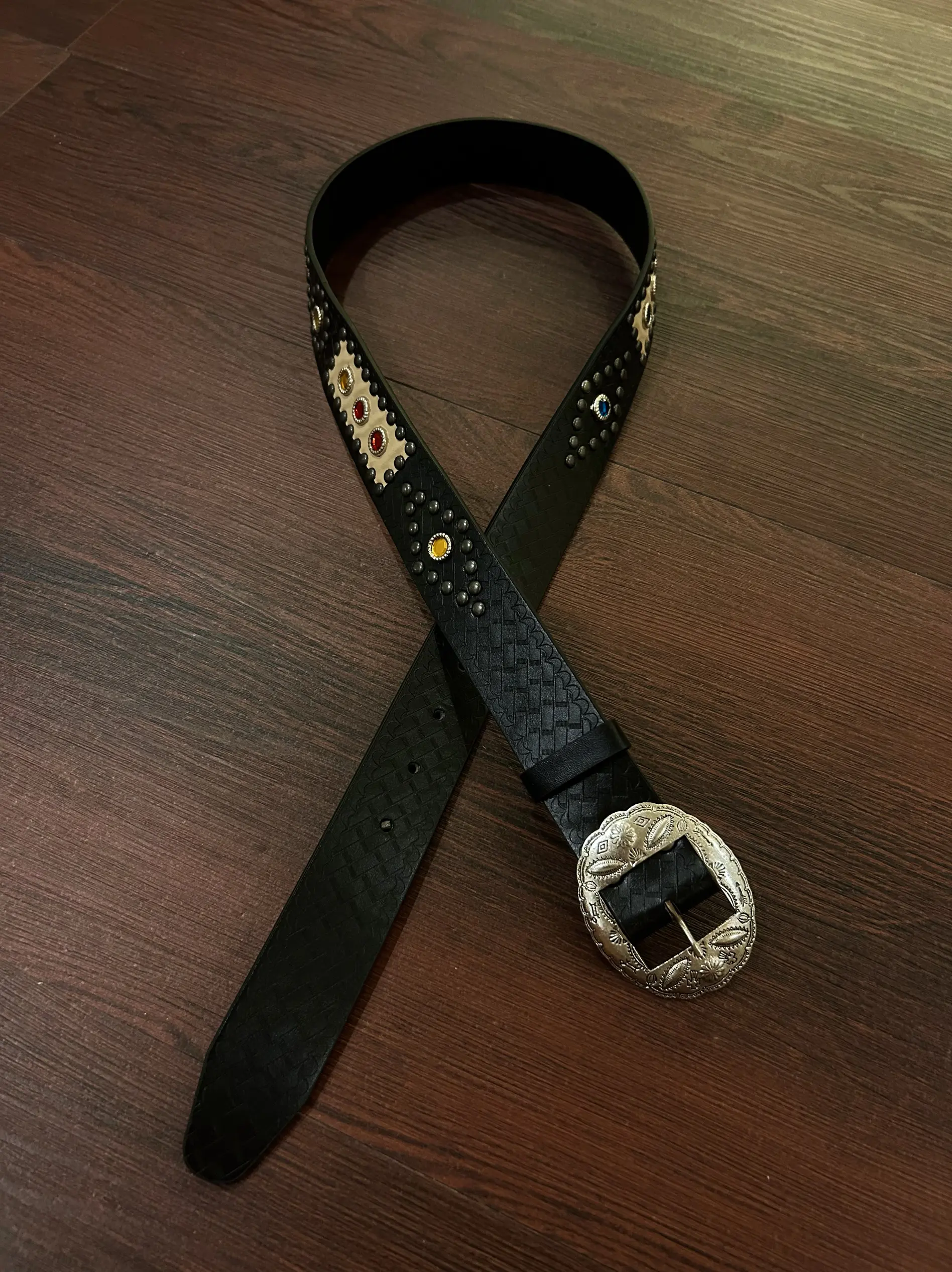 Vintage Western Carved Gemstone Patched Leather Belt Metal Simple ex Mid-century Waist Belt Faionable All-Match Sle