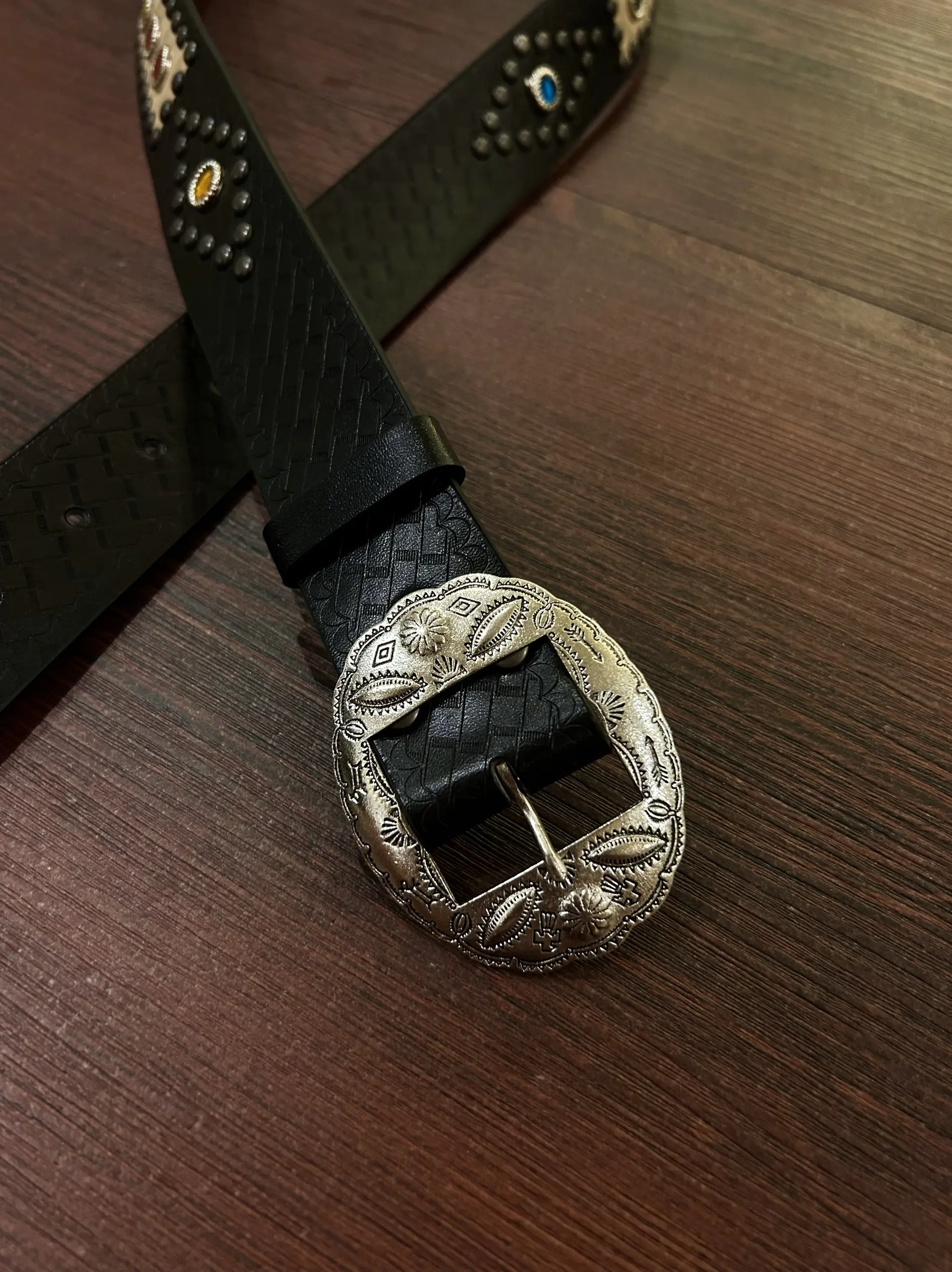 Vintage Western Carved Gemstone Patched Leather Belt Metal Simple ex Mid-century Waist Belt Faionable All-Match Sle