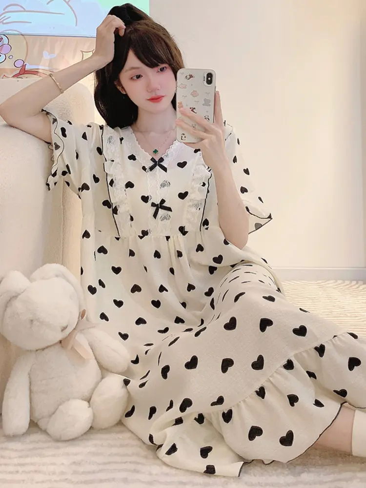Summer Spwear Women's ort Sve Cotton Gauze Thin Large Size Pregnant Women's Long Nightgown Sweet Floral Trim Home Clo...