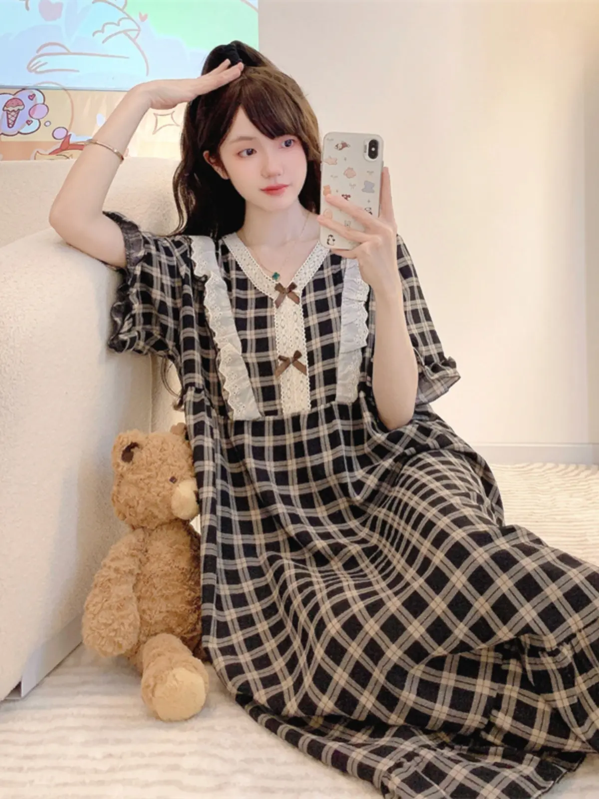 Summer Spwear Women's ort Sve Cotton Gauze Thin Large Size Pregnant Women's Long Nightgown Sweet Floral Trim Home Clo...