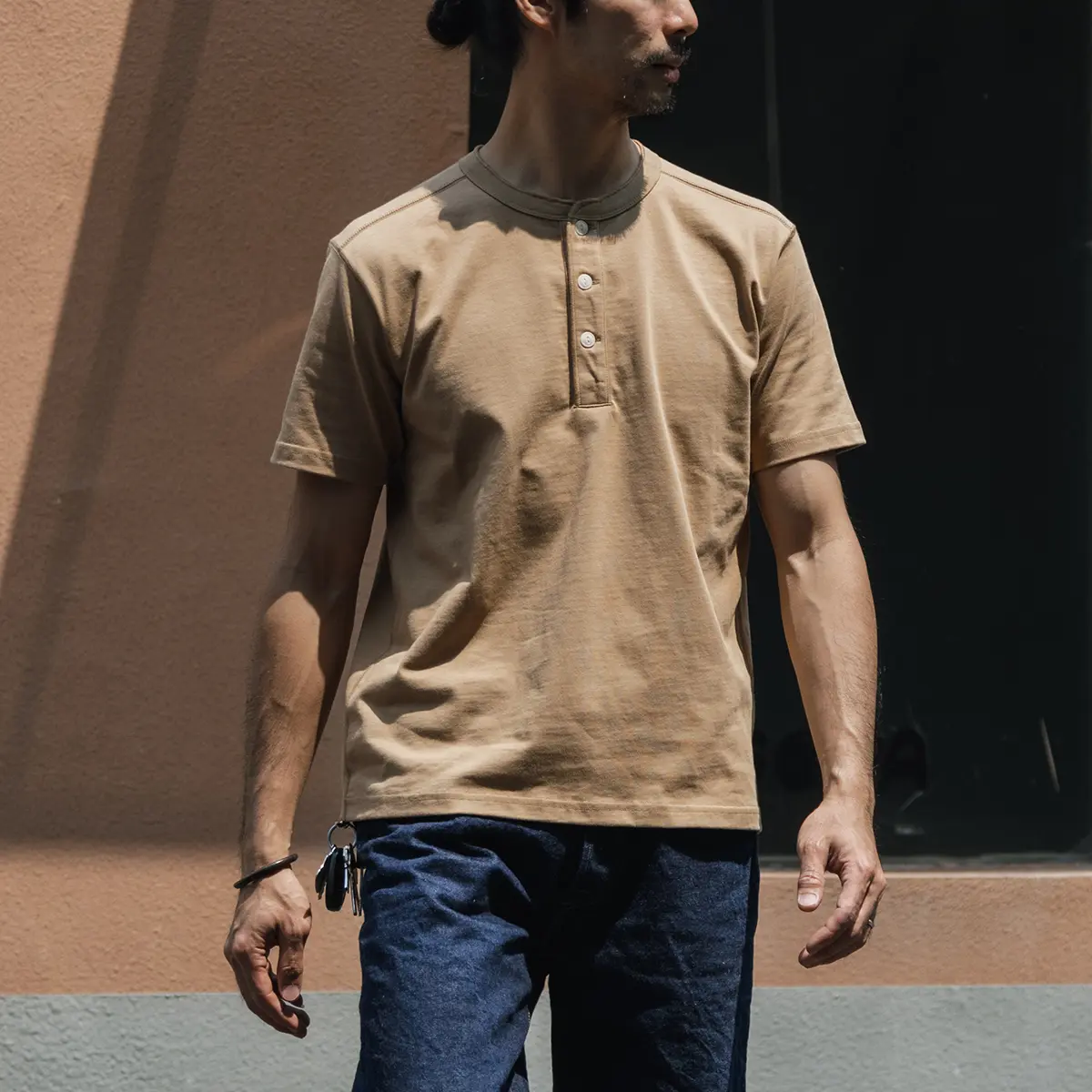 Red Bronson Men's Heavyweight Cotton T-irt Henry Collar ort Sve 2s/2 Double Weave Base irt American Retro Sle